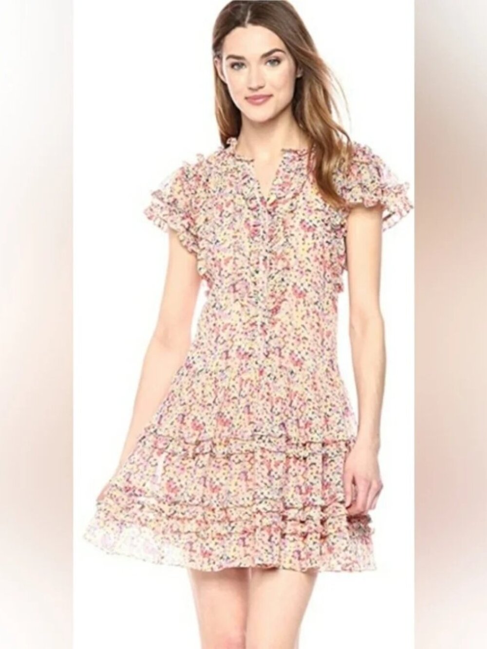 Rebecca Taylor Margo Mango Spring Floral Ruffle Mini Dress Silk, Size: 2